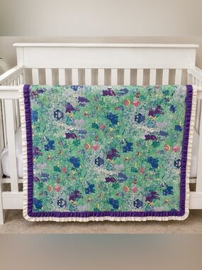 Vintage Handmade Woodland Animal Baby Quilt Blanket Ruffle Trim Nursery Cottage